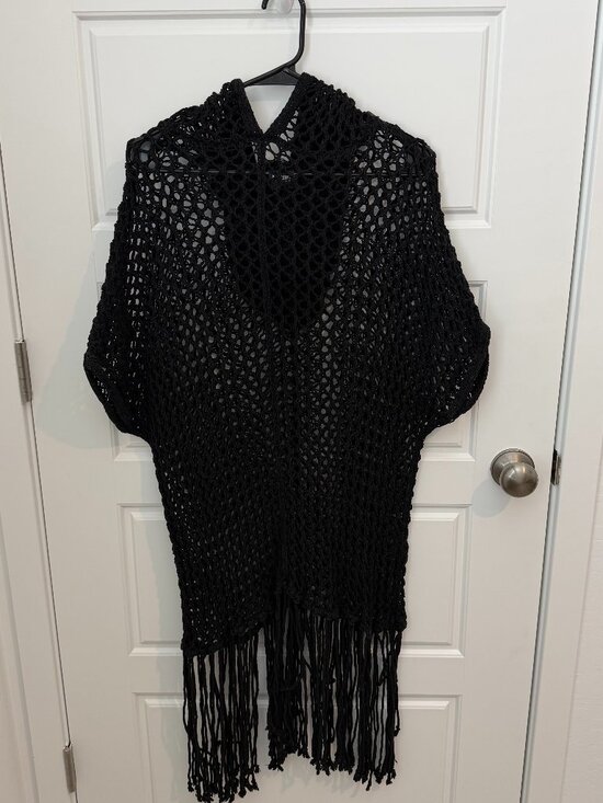 Jonny Cota Sweaters - Jonny Cota Studio Black Crochet Fringe Poncho Open Knit Boho Festival Cover Up
